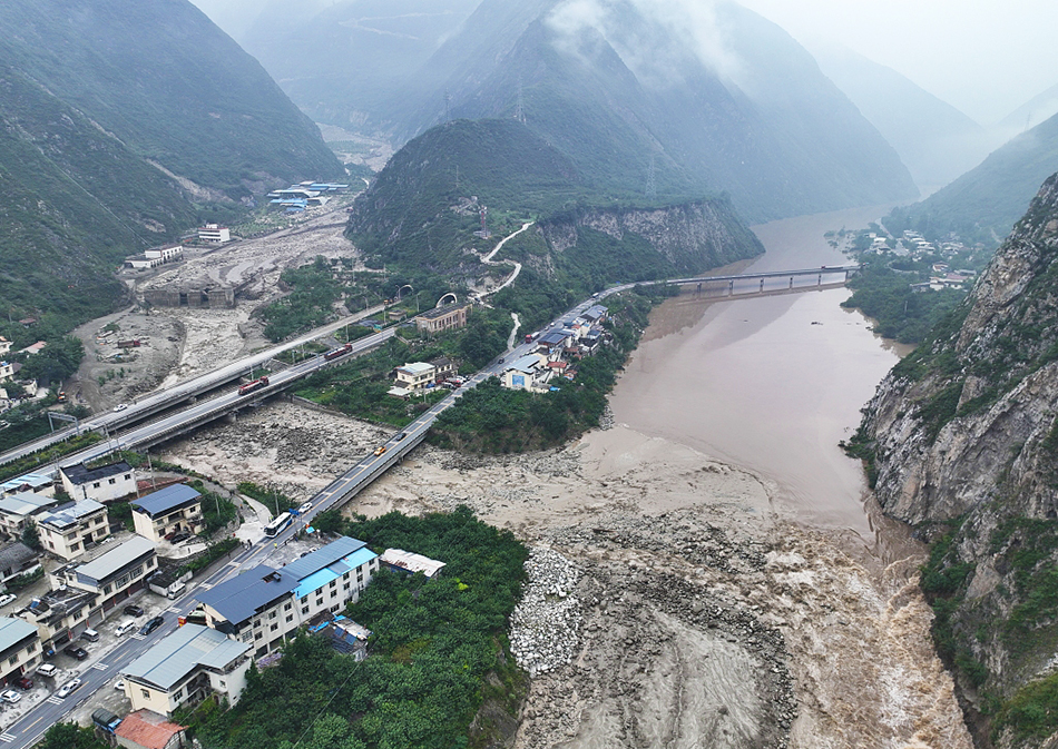 The aftermath of the 27 June 2023 debris flow at Miansi and Weizhou townships in Wenchuan county.