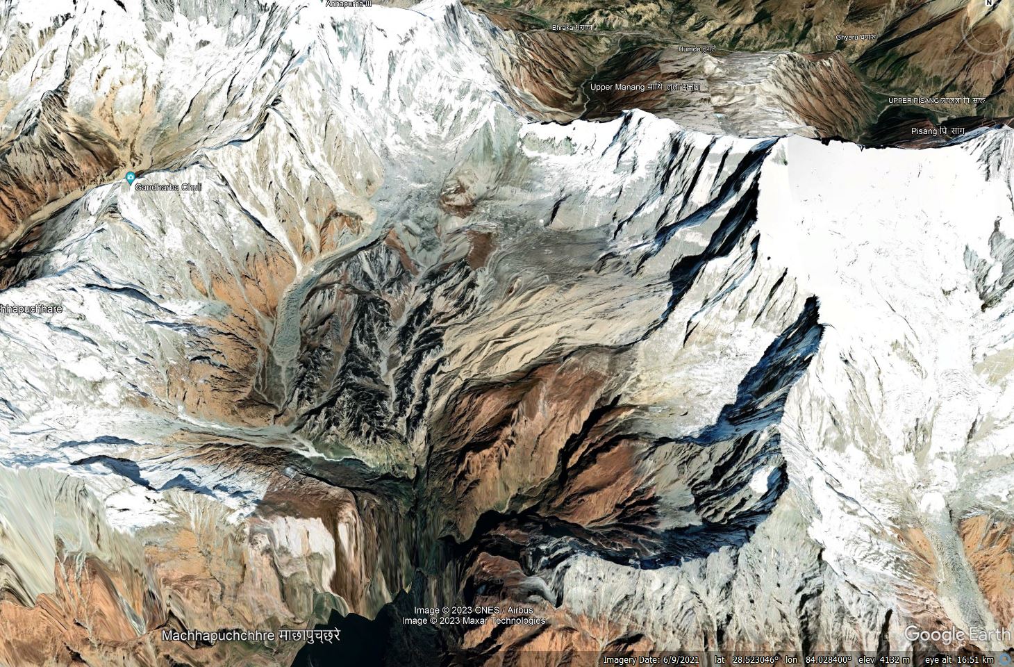 Google Earth image of the source zone of the Sabche rockslide from the Annapurna massif in Nepal.