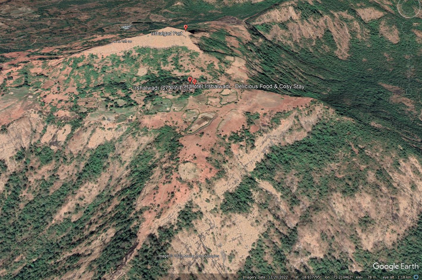 Google Earth image of Irshalwadi, the site of the 19 July 2023 landslide in India.