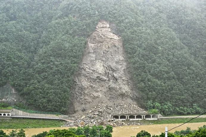 The aftermath of a large landslide in Jeongseon-gun, Gangwon-do, South Korea.