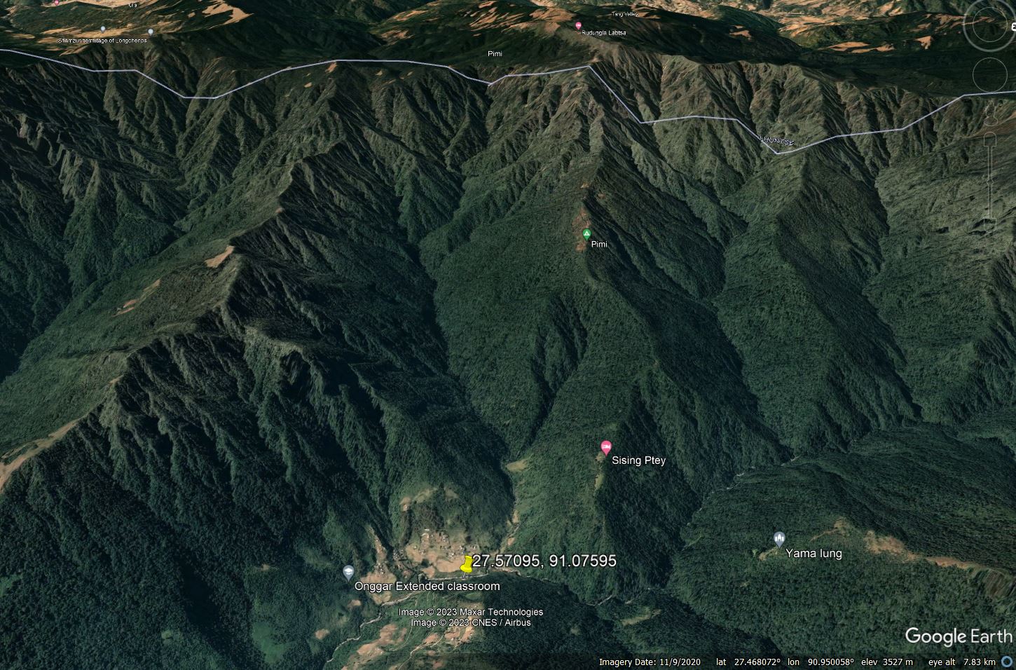 Google Earth image showing the catchment of the 20 July 2023 debris flow at Ungar in Bhutan.