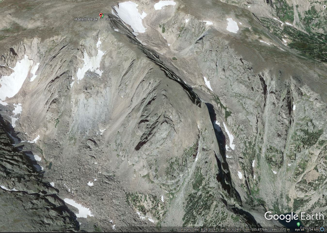 Google Earth image of the site of the 28 June 2022 rockslide on Hallett Peak in Colorado, USA