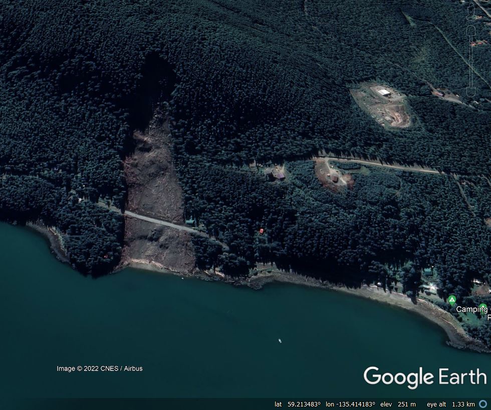 Google Earth image of the 2 December 2020 Beach Road Landslide in Haines, Alaska.