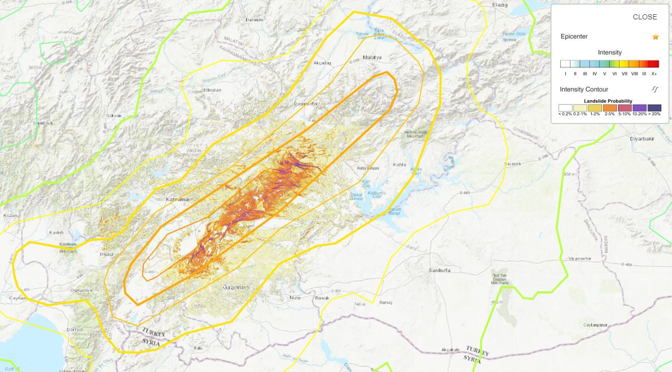 Initial USGS landslide probability map for the 6 February 2023 earthquake near to Nurdağı in Gaziantep, Turkey.