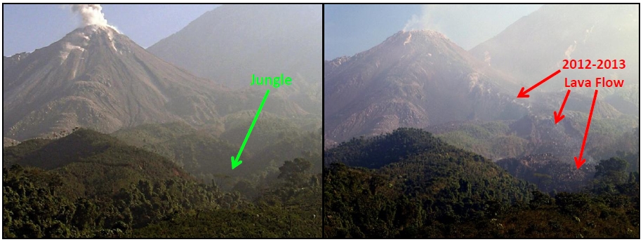 New lava flowing down the southeast flank of Santiaguito volcano. Photos taken from the Mirador in May 2011 (left) and March 2013 (right).