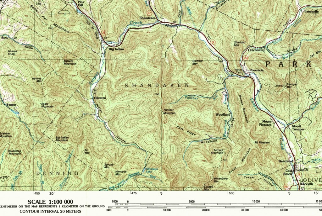 Excerpt from the USGS Topo Pepacton Reservoir 30x30 minute topographic map; scale has meters on the top and feet on the bottom.