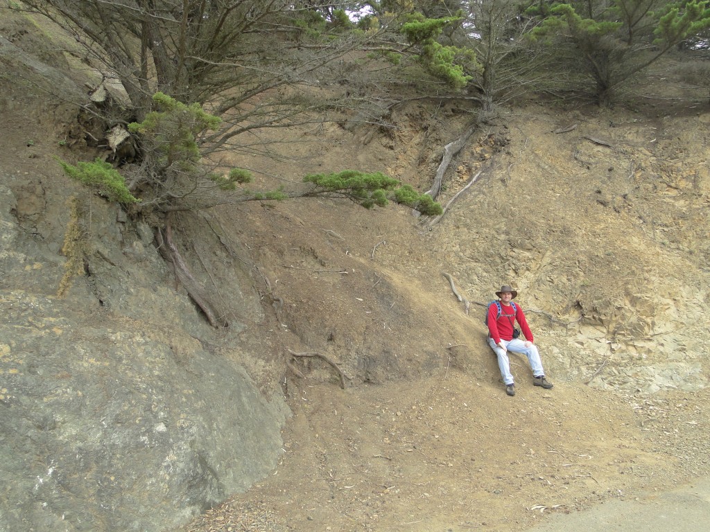 Drew sitting on a fault contact between greenstone and greywacke.