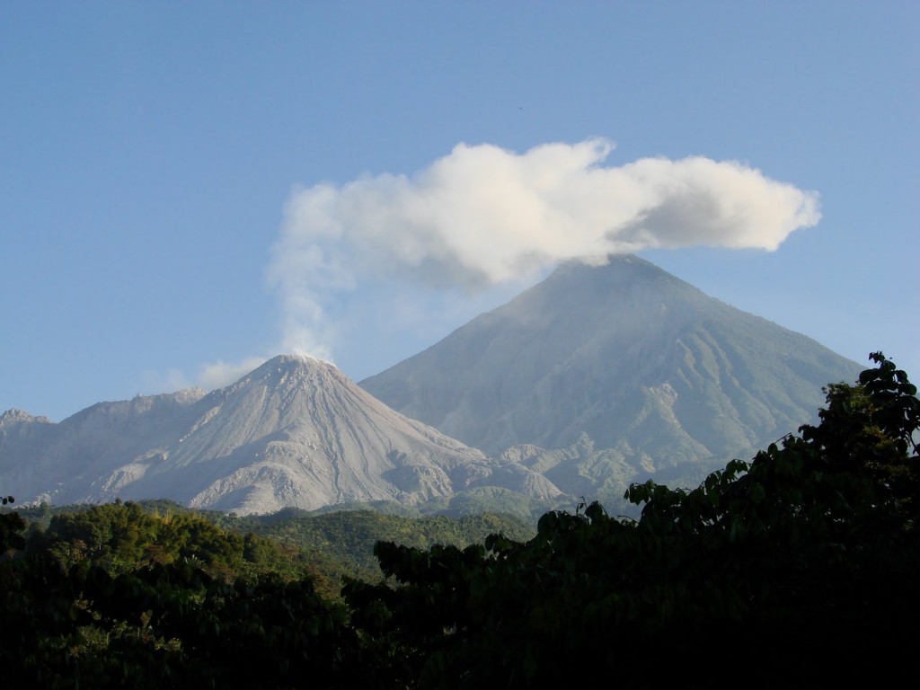 The Santiaguito lava dome complex in Guatemala, where the Caliente dome (erupting) sits in the 1902 eruption crater of Santa Maria volcano. (February 2010)