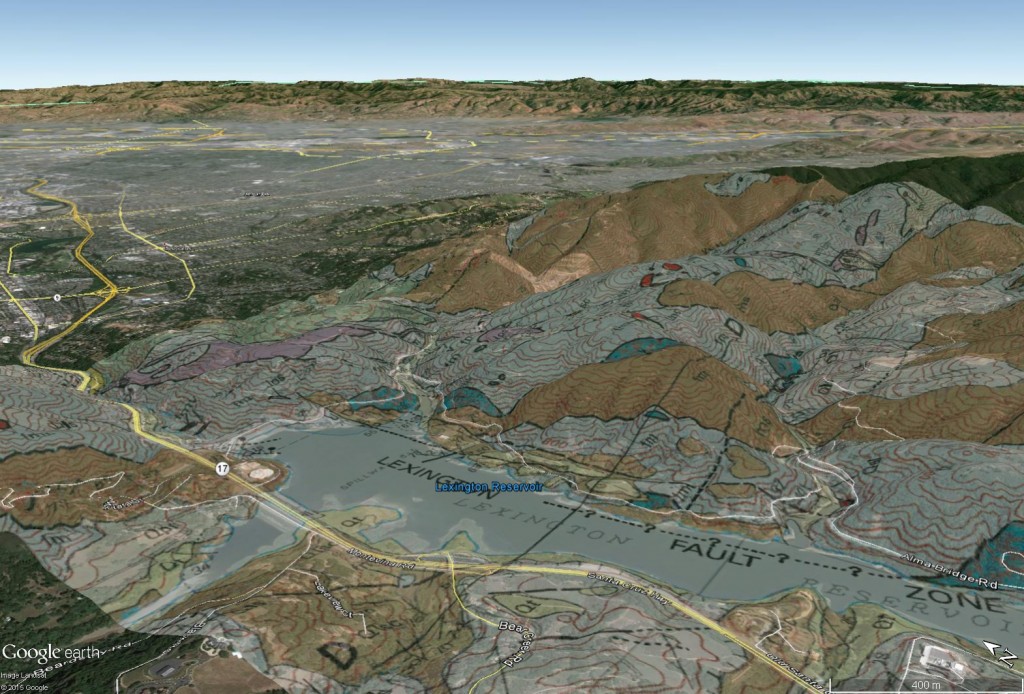 An oblique Google Earth image, looking northeast (toward San Jose), with the geologic map superimposed