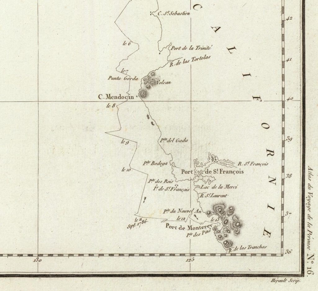 A black-and-white fragment of a hand-drawn map from 1797 of the French La Perouse expedition up the coast of California, showing a cluster of mountains on C. Mendocin (Cape Mendocino) with one labeled "volcan".