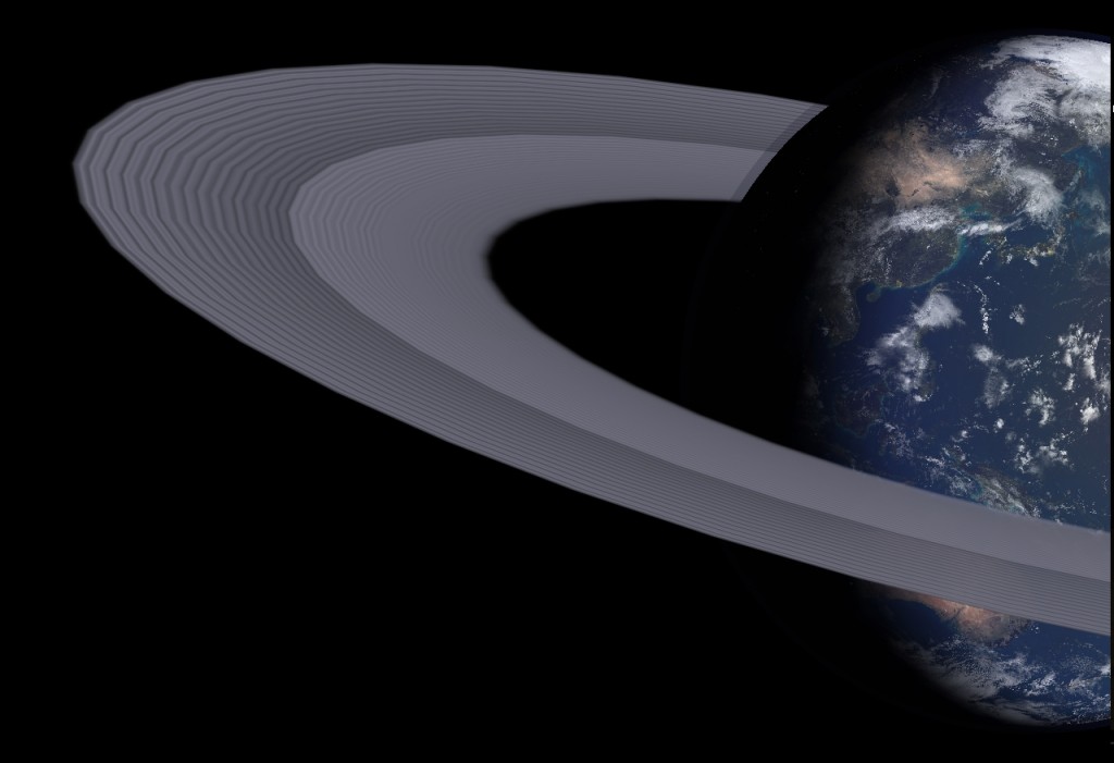 A simulated view of rings around the earth, with gaps based on the position of the Moon. Credit: Joe Shoer