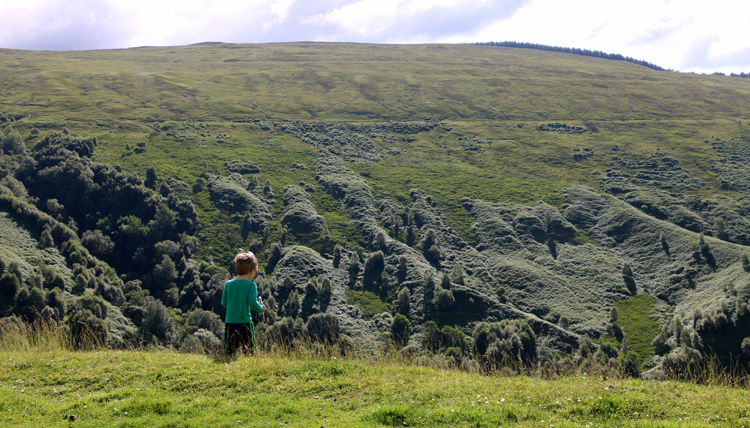 A photo showing a boy walking in a vegetated valley. On the distant hillside are three horizontal parallel lines.