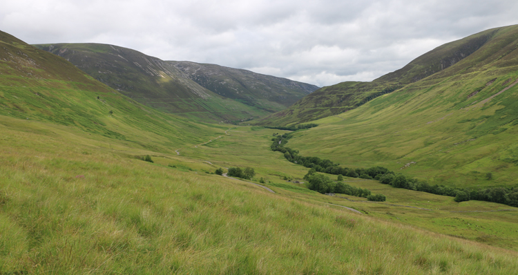 A photo showing a vegetated valley. On the distant hillside are three horizontal parallel lines.