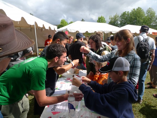 Students Michael Graw and Andrew Qin (both on left) helping da Vinci Days visitors extract DNA from strawberries. Photo by R. Colwell.
