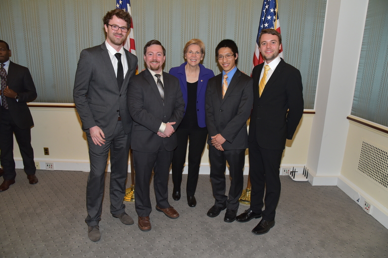 MIT Graduate Student Council members meeting with Senator Elizabeth Warren (D-MA). Left to right: Daniel Franke, Daniel Curtis, Sen. Warren, Peter Su, Michael McClellan