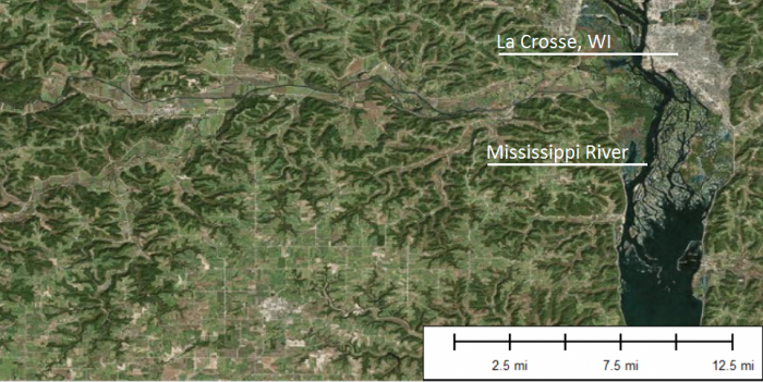 Dendritic drainage patterns in the Driftless Zone, near La Crosse, Wisconsin.