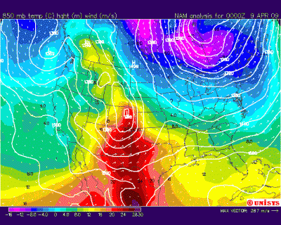 NWP model forecast of temperatures and winds at 5000 ft. From NOAA and weather.unisys.com