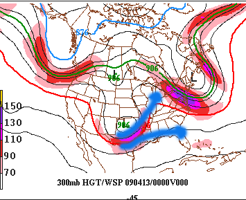300 millibar chart for 00z Monday 13 April. (Jet stream winds for 7pm Sunday night. The spreading (difluence) of the winds shows up clearly with a trough West, and ridge to the East of Alabama.