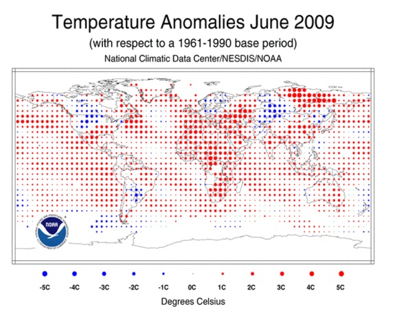 Red dots are above normal. The bigger the dot the warmer it was. From NOAA NCDC