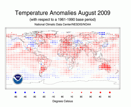 August Temp. Anomalies. from NCDC (NOAA). The larger the red dot, the warmer it was above average. 