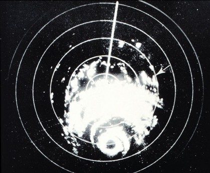 Hurricane Carla in September 1961. The eye is visible on the Galveston WSR 57 radar. This was the first hurricane on radar that TV viewers had seen.