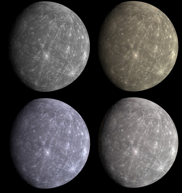 Images of Mercury from Messenger. Upper left is grey scale. The rest are in true colour. .