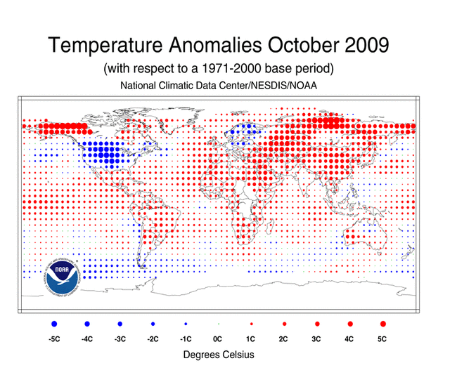 Image from NOAA/ NCDC  the larger the dot indicates the temp was warmer/colder than normal.