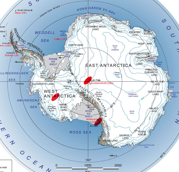 Where I will be going in Antarctia (Red Ovals). The ice cores of interest to climate researchers are being taken in West Antarctica. Image from Geology.com ( A great site by the way!)