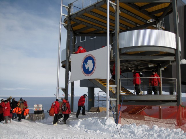 Entering Amundsen Scott Station at the South Pole. Temp -16F. Wind chill 30 below F.