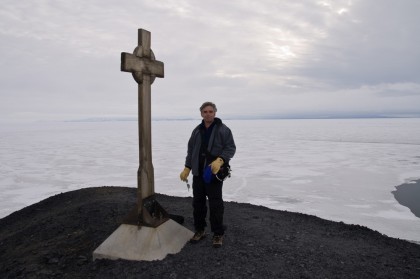 Memorial at Hut Point to member of the British Antarctic Expedition. Mcmurdo Ice shelf behind me. Pic taken at 1125PM.