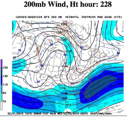 200 millibar forecast for March 3. This pressure level is around 9 km above the ground at jet stream level.