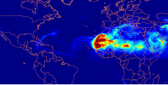 NASA GEOS 5 model for mid week showing much less dust over the Tropical Atlantic.