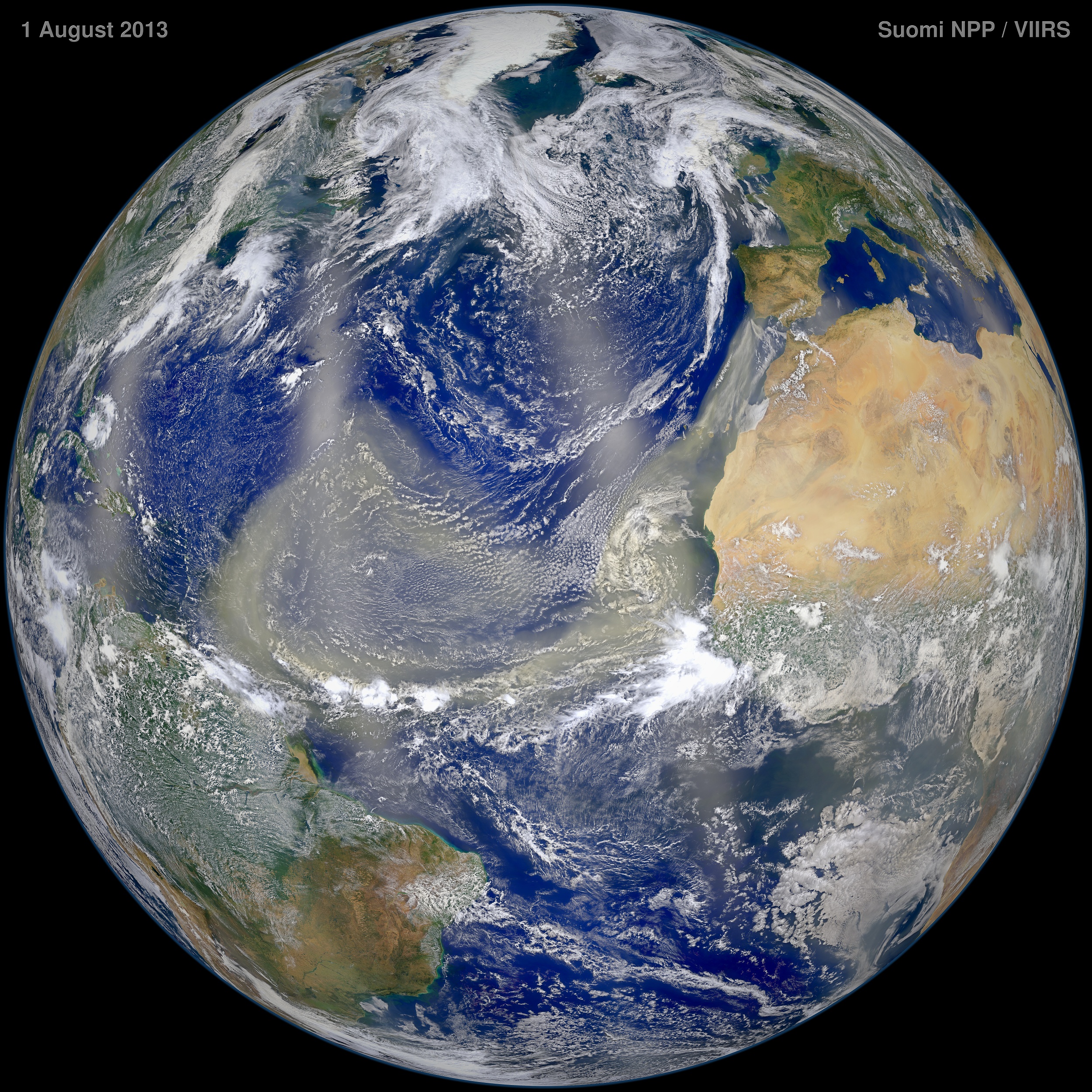 True colour image from the Suomi satellite showing Saharan dust covering a large area of the Tropical Atlantic. Click the image for a much larger version.