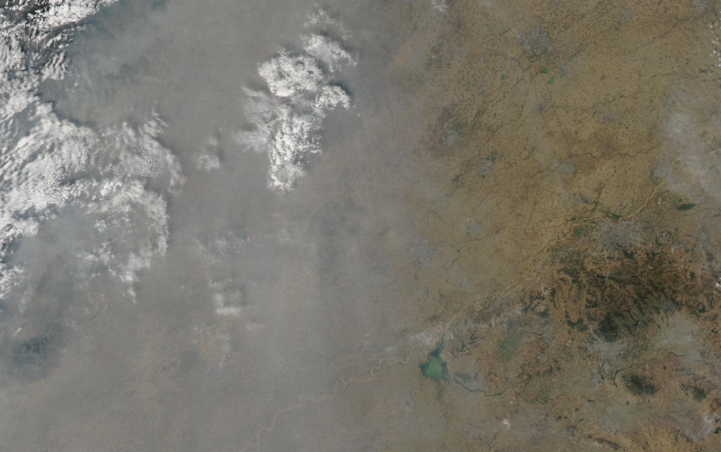 This is in western China. The smog cloud is HUGE! Click for a huge version. From NASA Terra Satellite and the MODIS sensor.
