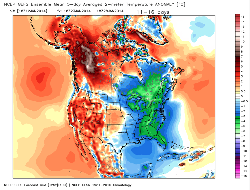 The NOAA Long range model also indicates well below normal temperatures over the East in 10-14 days!
