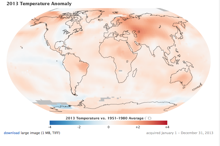 The high latitudes continue to show the greatest temperature anomalies. From NASA.