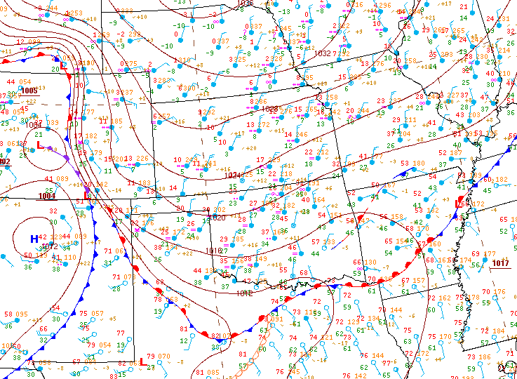 Surface map for 7 PM EST. Saturday. Notice it i sstill in the 70's at the south end pf the Texas Panhandle while Western Kansas is below 20 degrees. This is true Arctic air.