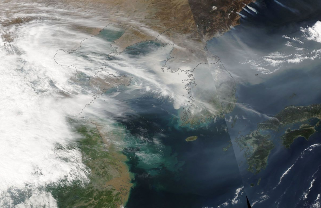 Air pollution from Asia streaming into the Pacific. Image taken today from NASA Aqua Satellite.