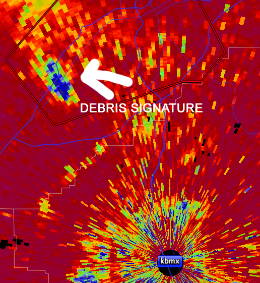 A radar signature indicating debris in the radar beam. A strong rotation was present as well.