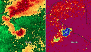 From Ari Sarsalari at WAAY TV. A hook echo is on the left with a signature indicating debris in the air on right. A tornado was present and caused heavy damage in Lincoln County,TN