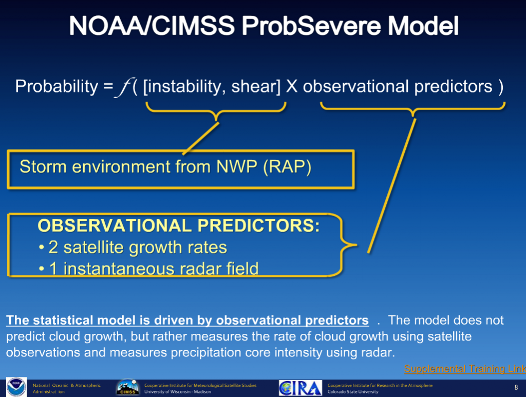 A summary of what goes into the probability of Severe estimates we are evaluating this week. This image was part of a training module. It's where science meets operational weather forecasting and hopefully will lead to improved warning lead times.