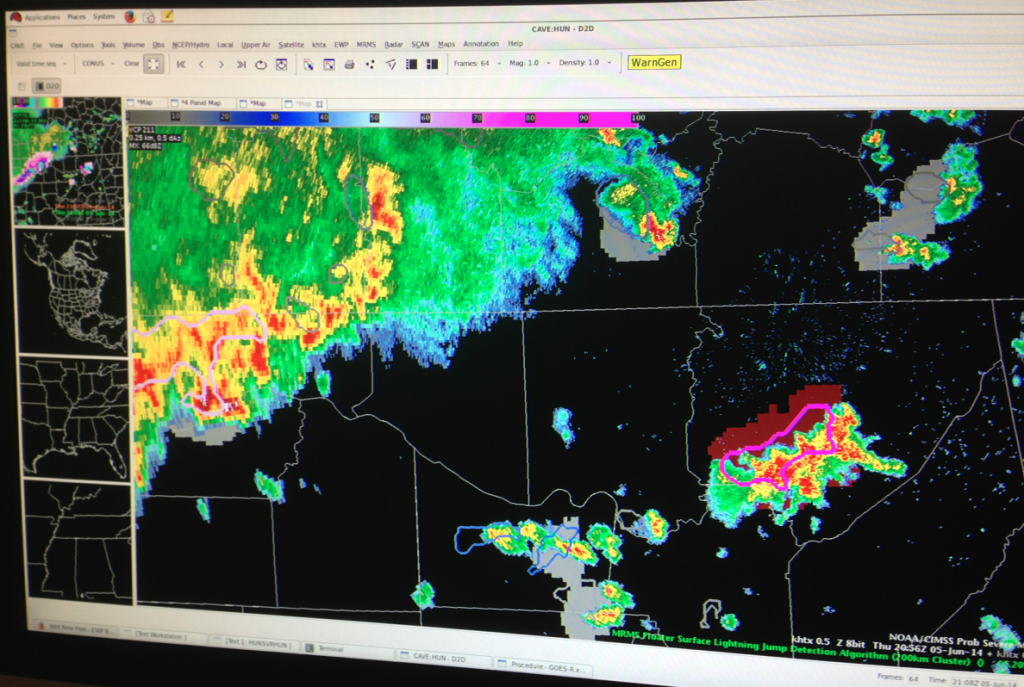 The RED blob underneath the storm in NE Alabama is a large lightning jmp indicated on that storm. It was severe and produced some wind damage. Dan's pic