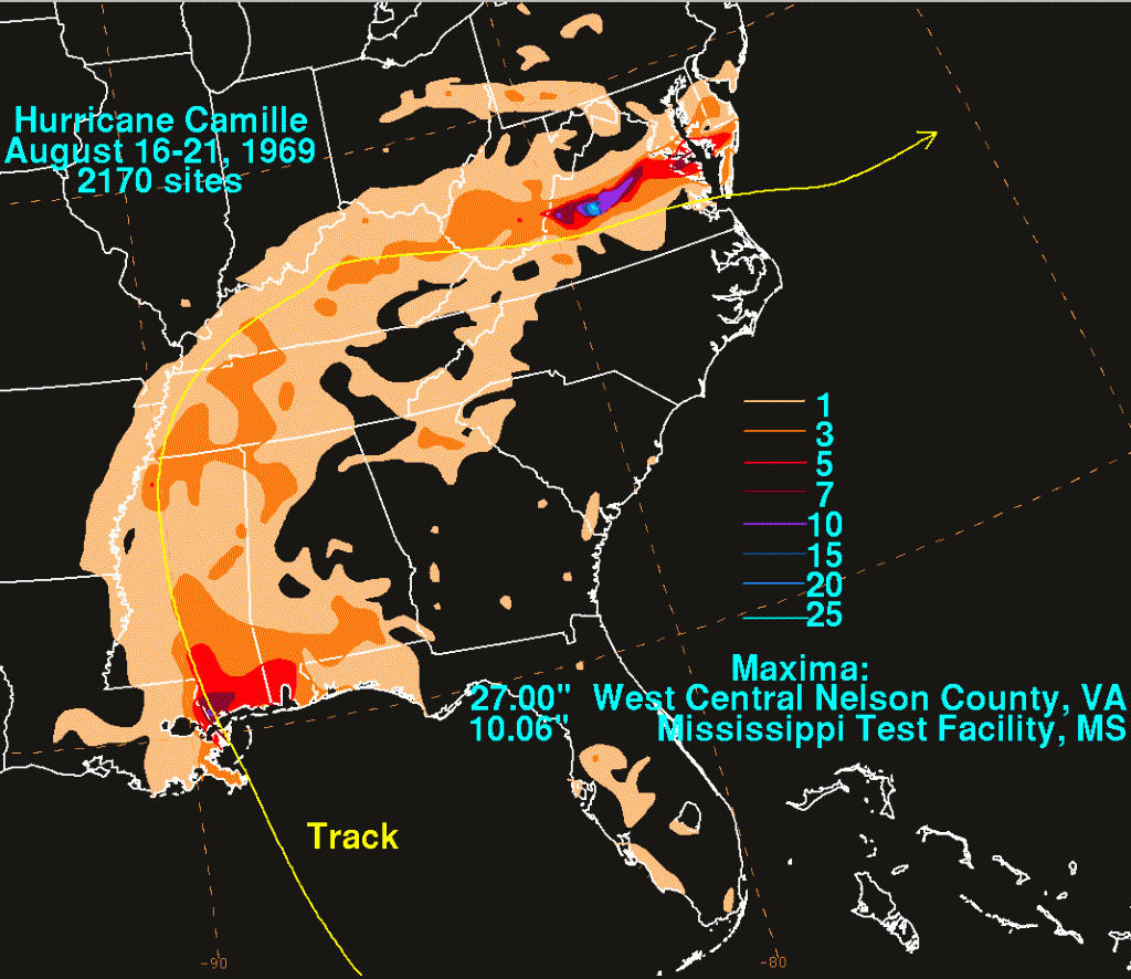 Rainfall from Camille was highest in Virginia. NOAA image from the Hydro-Meteorological Prediction Center (HPC).