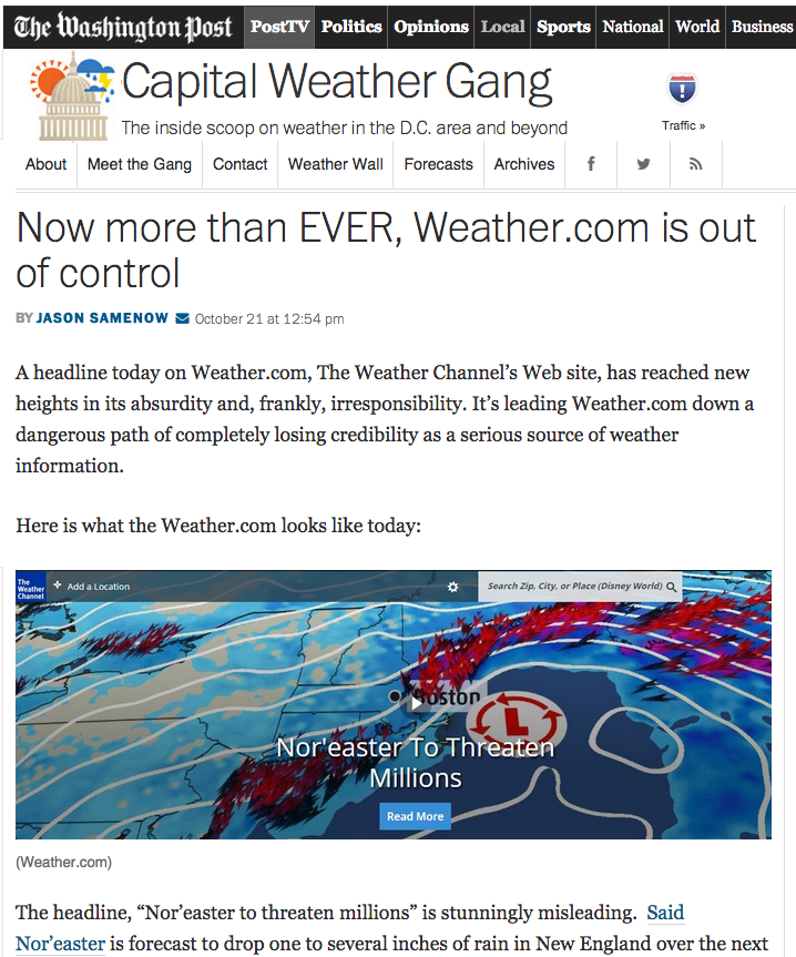 This story about the weather.com headline was the most read story on the Washington Post website Tuesday afternoon.