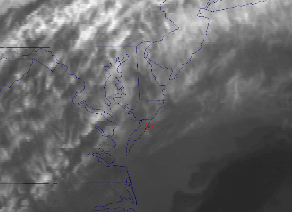 This is a thermal IR pic. Warm temps are darker and cold is lighter. YOU can see the pixel of warm cloud just after the explosion. GOES 13 image.