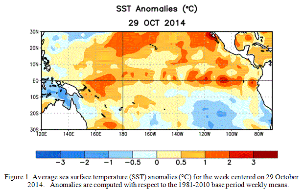 Sea surface temp. anomalies in the Pcific at the end of October look more modoki like than a regular El Nino. Modoki El Nino's are weaker with the warm water anomalies more in the Central Pacific.