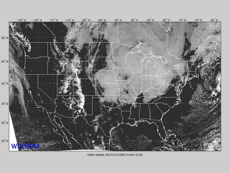 Forecast of cloud cover for late Saturday evening. (WSI RPM Model)