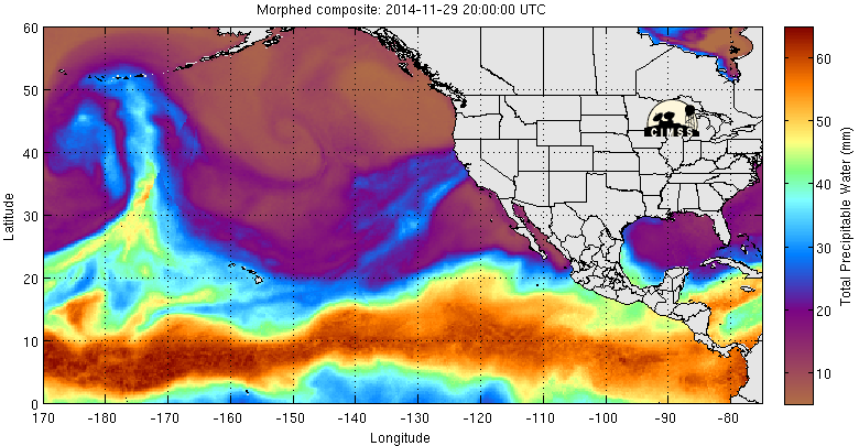 Water vapor moving from the tropics into California over the last 72 hours. Image from CIRA.