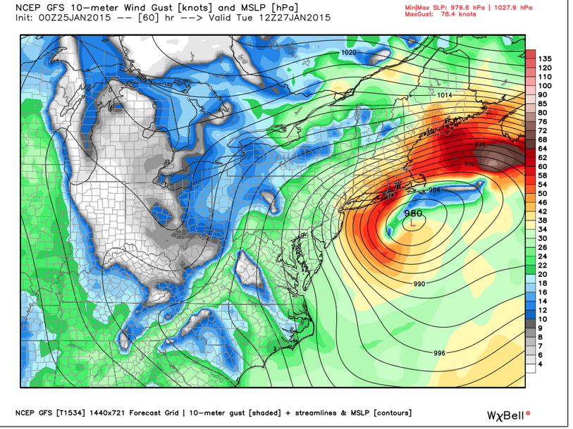This is one NOAA model indicating winds gusting to voer 60 mph on the NEw England coast early Tuesday. This is just model guiance but it indicates the threat for a major blizzard is present. Keep in mind this is just a snapshot from the model and winds may be very strong all along the east coast from the Delmarva Peninsula to Maine.