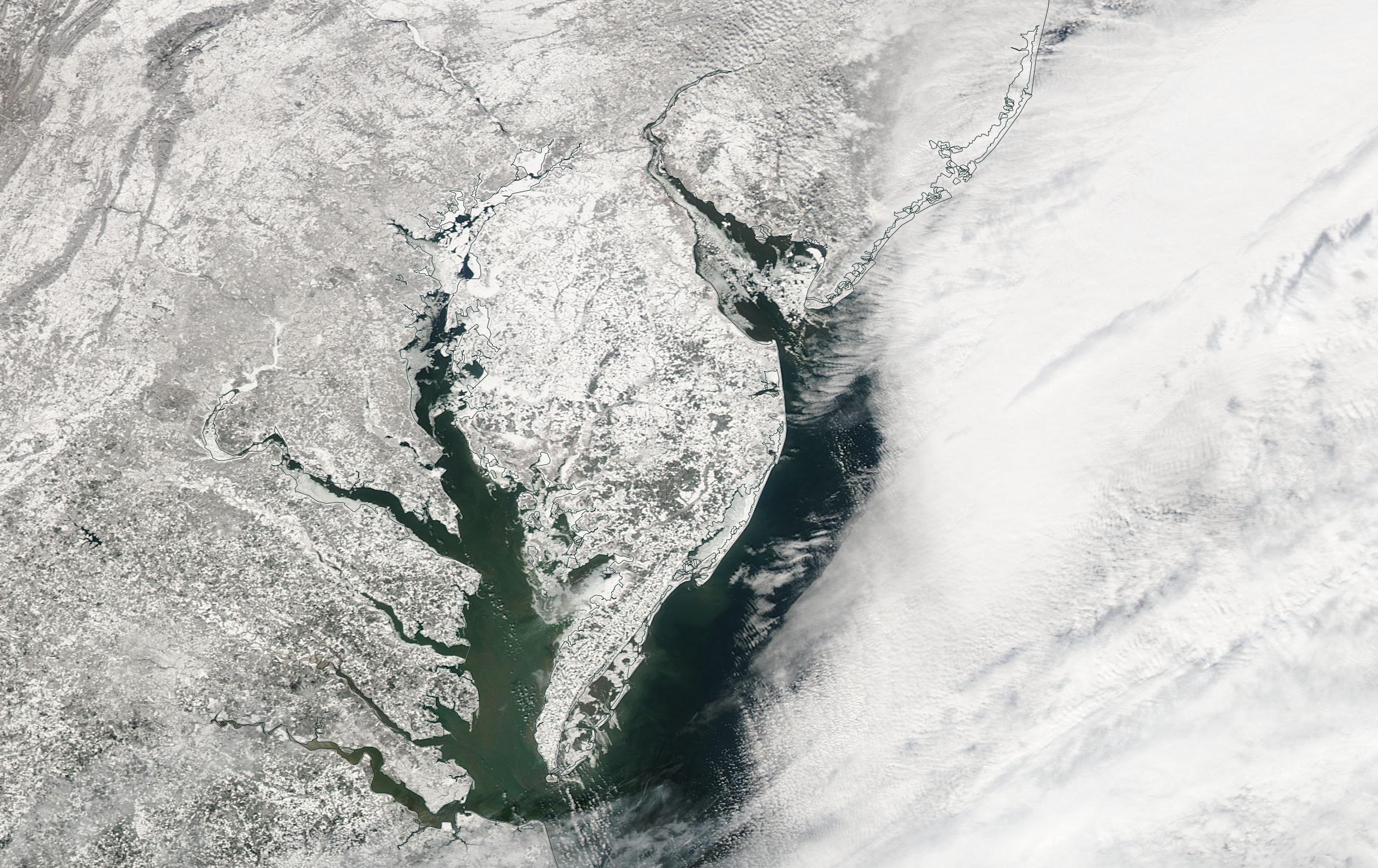 A Frozen Delmarva from the NASA Aqua Satellite. Notice the ice on the Chesapeake Bay.